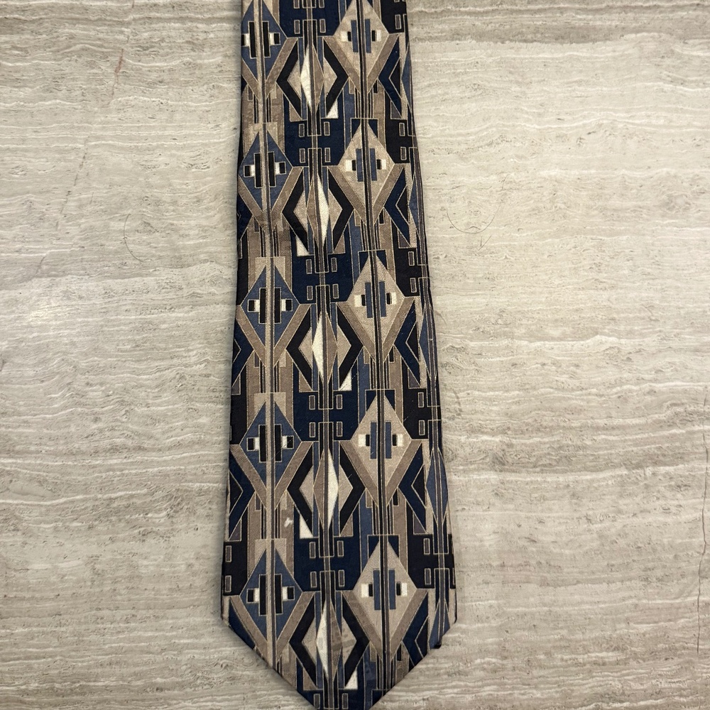 Zylos George Machado 100% Silk Tie Print Abstract Tan and Black Extra Long 63"